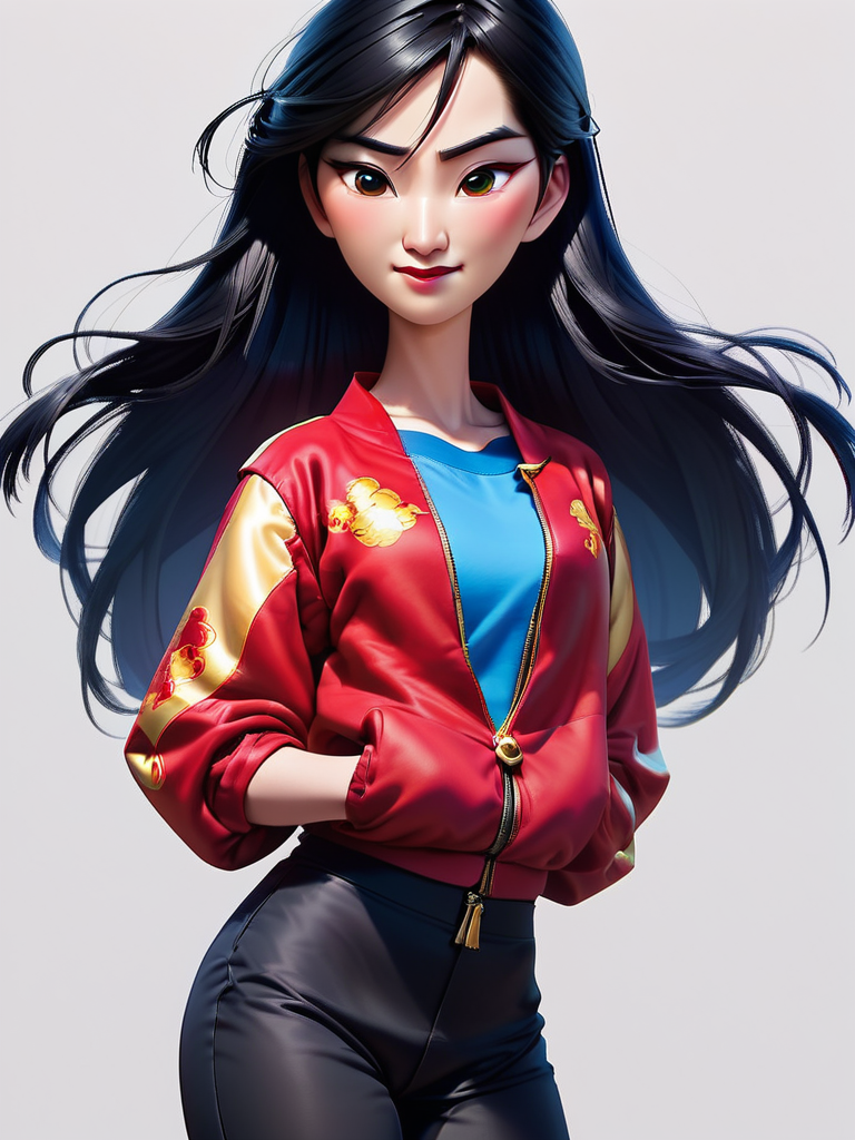 score_9, score_8_up, score_7_up, red jacket, mulan, 1girl, solo, long hair, looking at viewer, blush, smile, black hair, closed mouth, green eyes, cowboy shot, grey background, black pants, zipper,   
 <lora:princess_rc_pony_v2:1>
