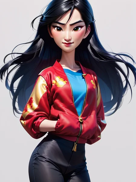 score_9, score_8_up, score_7_up, red jacket, mulan, 1girl, solo, long hair, looking at viewer, blush, smile, black hair, closed mouth, green eyes, cowboy shot, grey background, black pants, zipper,   
 <lora:princess_rc_pony_v2:1>