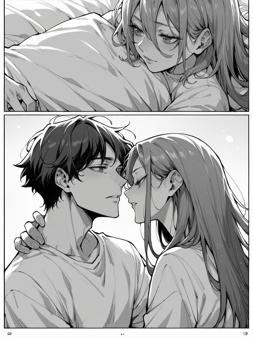 score_9, score_8_up, score_7_up, score_6_up, 1girl, m4ng4, manga, monochrome, greyscale, long hair, couple, hetero, 1boy, comic, <lora:m4ng4XLP:1> panels,