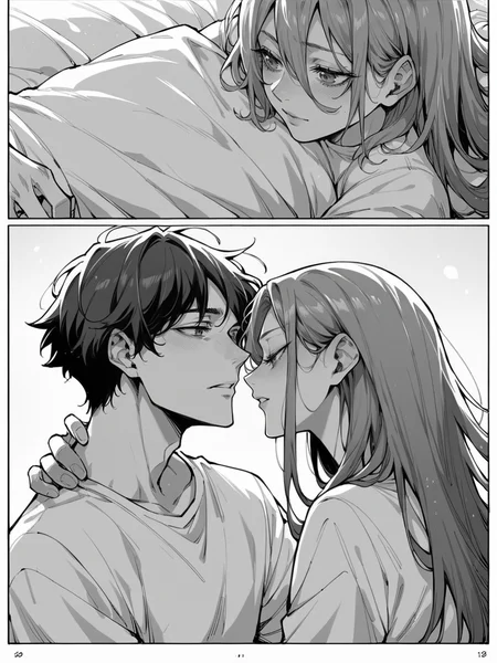 score_9, score_8_up, score_7_up, score_6_up, 1girl, m4ng4, manga, monochrome, greyscale, long hair, couple, hetero, 1boy, comic, <lora:m4ng4XLP:1> panels,