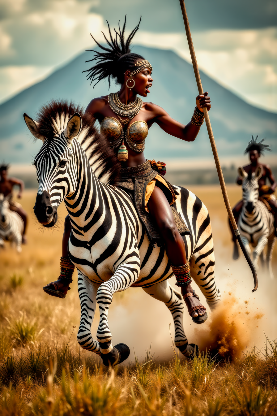 Real photograph of an African warrior woman,  black skin, Nubian, beautiful, breathtaking,  athletic, (small breasts:1.4),  earrings, necklace, wrist bands,  human feet wearing sandals,  dangerous, fierce, determined, battle hardened,  mounted atop an angry and ferocious zebra,  charging into battle with lowered spear, shield and spear bearing war decorations,  fierce angry painted face full of rage, yelling fierce war cries,  African Savannah with mount Kilimanjaro in the background,  intricate details, masterpiece, elegant, complex patterns,  (full body shot from head to toe:1.6), environmental wide angle,  dramatic and dynamic morning lighting, intense atmosphere,  <BaroqueColorful:0.72>