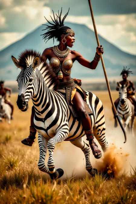 Real photograph of an African warrior woman, black skin, Nubian, beautiful, breathtaking, athletic, (small breasts:1.4), earrings, necklace, wrist bands, human feet wearing sandals, dangerous, fierce, determined, battle hardened, mounted atop an angry and ferocious zebra, charging into battle with lowered spear, shield and spear bearing war decorations, fierce angry painted face full of rage, yelling fierce war cries, African Savannah with mount Kilimanjaro in the background, intricate details, masterpiece, elegant, complex patterns, (full body shot from head to toe:1.6), environmental wide angle, dramatic and dynamic morning lighting, intense atmosphere, <BaroqueColorful:0.72>