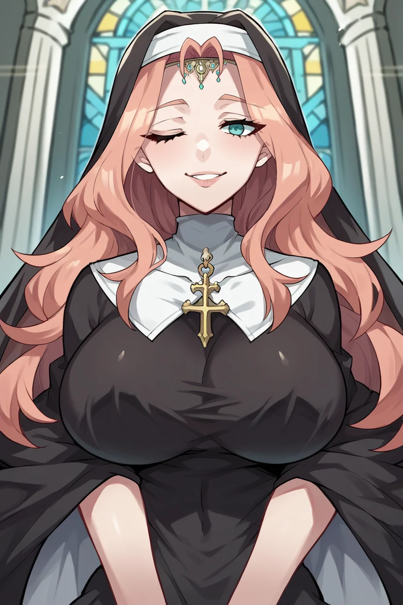 score_9, score_8_up, score_7_up, score_6_up, source_anime, BREAK 1girl, <lora:cornelia-pdxl-nvwls-v1-000005:1> feCornelia, long hair, circlet, large breasts, nun habit, veil, nun dress, cathedral, looking at you, wink, smirk