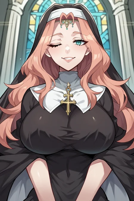 score_9, score_8_up, score_7_up, score_6_up, source_anime, BREAK 1girl, <lora:cornelia-pdxl-nvwls-v1-000005:1> feCornelia, long hair, circlet, large breasts, nun habit, veil, nun dress, cathedral, looking at you, wink, smirk