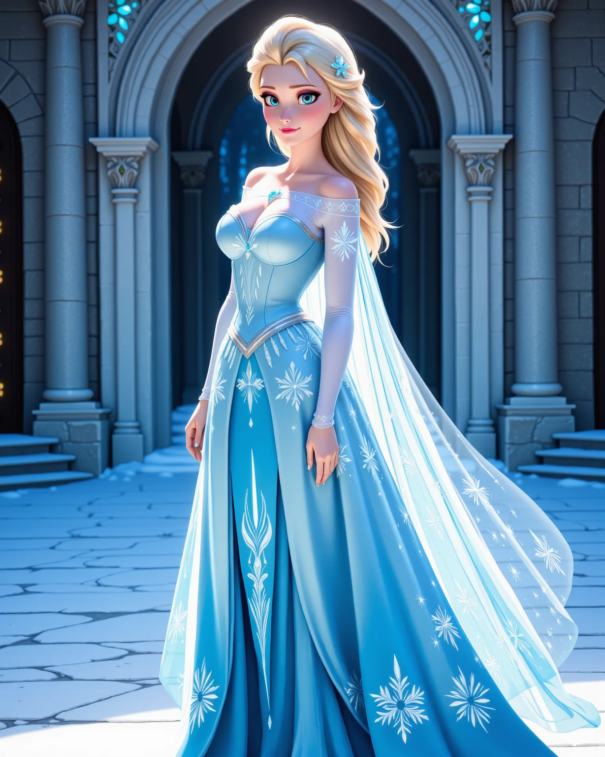 -looking at viewer, outdoors daylight, a 20 year old adult mature woman.
PhotoRealistic Style,  side view photo of.
<lora:Frozen_-_Elsa_v2_000030:1> f-elsa, blue eyes, blonde hairice blue off-shoulder gown with sparkling snowflake patterns, sheer icy cape flowing from back, glittering high heels
Upper Body view passport style