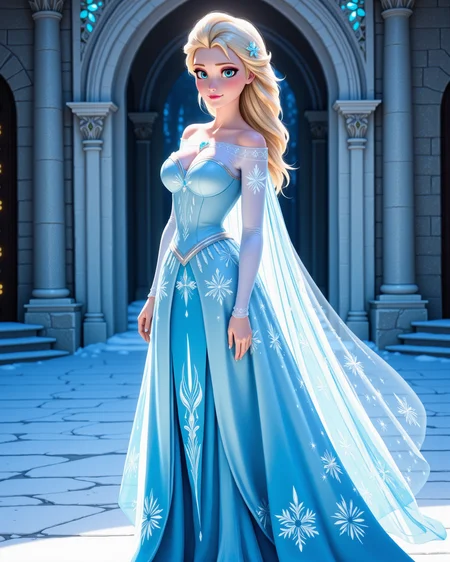 -looking at viewer, outdoors daylight, a 20 year old adult mature woman.
PhotoRealistic Style,  side view photo of.
<lora:Frozen_-_Elsa_v2_000030:1> f-elsa, blue eyes, blonde hairice blue off-shoulder gown with sparkling snowflake patterns, sheer icy cape flowing from back, glittering high heels
Upper Body view passport style