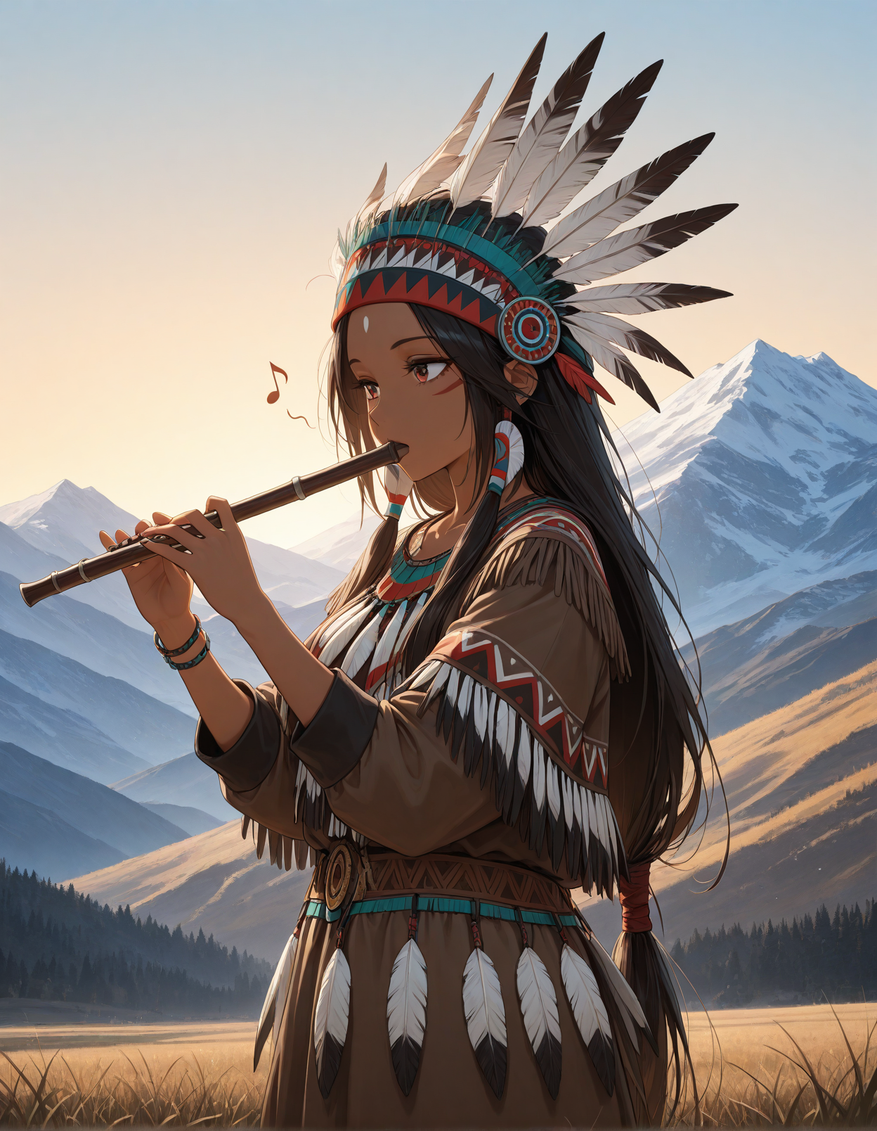 masterpiece, best quality, amazing quality,  native american, outdoors, general, mountain, sprint, playing flute,music, musical note,