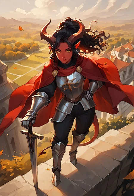 score_9, score_8_up, score_7_up,
1girl, Tiefling, pointed ears, horns, yellow eyes, tail, red skin, black curly hair, ponytail, long hair,
paladin, cleric, knight, crusader, (heavy armor, shiny armor, ornamental armor,),
slight smile,
standing on a cliff, fantasy city in background, (red cape), wind, windy weather, leaves in air,
both-hand-hilt, planted sword, hand on hilt, holding sword, cowboy shot , close up, looking at viewer, from above,