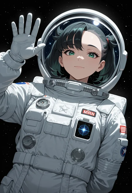 masterpiece, best quality, highres, absurdres, very awa, 1girl, solo, m4rn1edef, medium hair, black hair, asymmetrical bangs, twintails, undercut, astronaut, spacesuit, space helmet, black background, space, star \(sky\), starry sky, waving, hand up, arm up, upper body, green eyes, eyelashes, (floating), dutch angle, looking at viewer, arm behind back, light smile, closed mouth