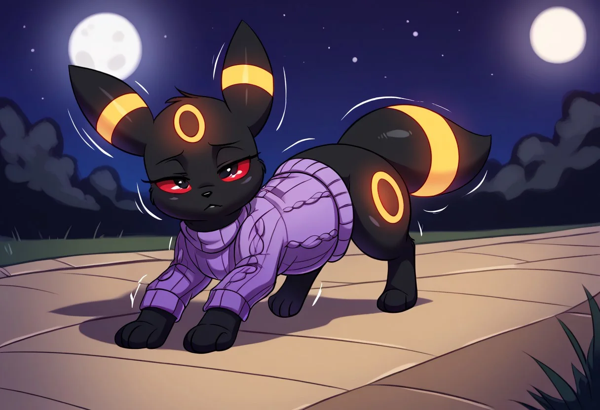 score_9, score_8_up, score_7_up, (detailed texture, digital artwork, improved quality), joaoppereiraus style, ((night meadow, path, moon)), (((color adjustment, solo, full body))), ((black fur, Two-Tone Fur, female, feral pokemon, Umbreon_(Pokemon):1.00)), ((snout, tail, ears, paws, black eyes, red sclera, eyelashes)), ((violet sweater:1.30)), ((dizzy, half-closed eyes, tired expression, walking on all fours, trembling))