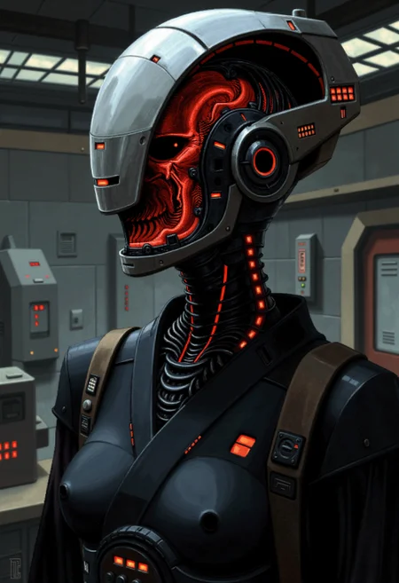 <lora:ck-BaSS-V1-000015:0.8>
in the style of ckbas, woman hero Geisha is an android, the cyborg mask is open, the mechanical parts of the robot are visible inside, the android is very sinister and dangerous, from the epic movie Ghost in Armor, erie japanese laboratory background