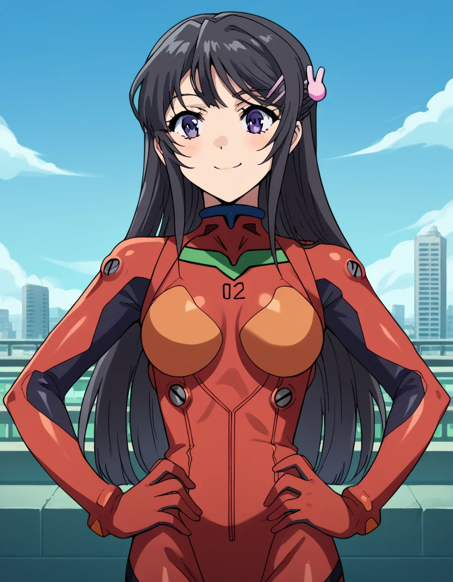 score_9, score_8_up, score_7_up, source_anime, maisakurajima, <lora:mai-sakurajima-s1-ponyxl-lora-nochekaiser:1> mai sakurajima, long hair, bangs, black hair, hair ornament, purple eyes, hairclip, rabbit hair ornament,, <lora:souryuu-asuka-langley-cosplay-ponyxl-lora-nochekaiser:1>, souryuuasukalangleycosplay, souryuu asuka langley \(cosplay\), bodysuit, pilot suit, plugsuit, red bodysuit, interface headset,, cityscape, smile, blush, hands on hips,, cowboy shot, dutch angle,