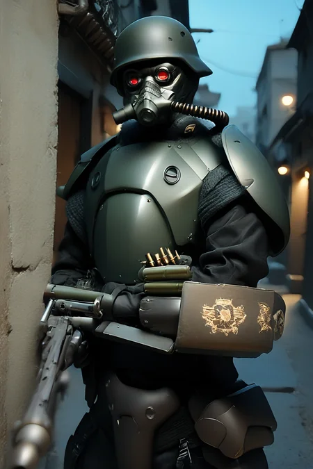 score_9, score_8_up, score_7_up, source_real, realistic, photorealistic, BREAK
KerberosSagaProtectiveGear, weapon, armor, gun, helmet, ammunition belt, machine gun, solo, shoulder armor, holding weapon, gas mask, ammunition, holding, red eyes, 1boy, bullet, pauldrons, male focus, holding gun, mask, standing, shell casing, <lora:detailed_notrigger:1>, alley, night, low lighting, dark, night, Portrait <lora:zy_Detailed_Backgrounds_v1:1> <lora:BDpony_KerberosSagaProtectiveGear_V1-5460:1>, dirty face, dirty armor