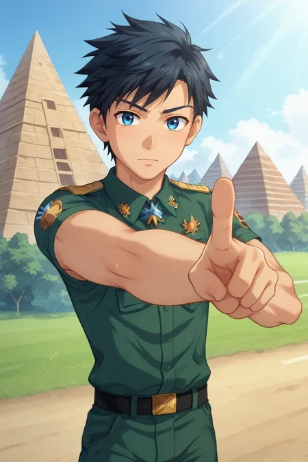 score_9, score_8_up, score_7_up, , rating_safe, , anime screencap, , , looking at viewer, depth of field, 1boy, solo, male focus, <lora:natsumi_hamasaki_pony:0.9>, natsumi_hamasaki, black hair, blue eyes, short hair, uniform, close-up, pyramid, dawn, pointing, relaxed, captain costume, <lora:sdxl_lightning_8step_lora:1>
