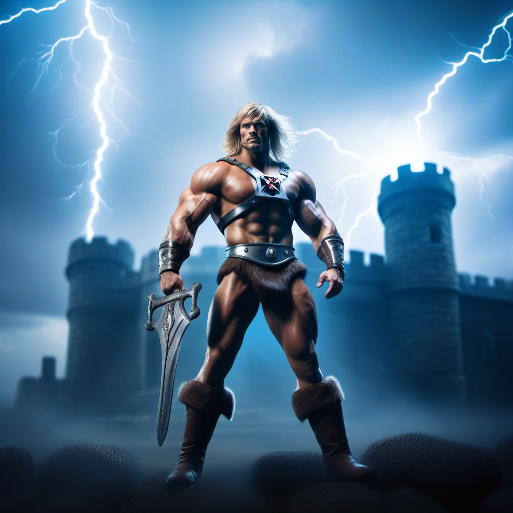 cinematic film still a muscular man, blond long hair, blue eyes, boots, manly, armor, energy sword, skullcastle background, lightning <lora:He-man1024:0.8> . shallow depth of field, vignette, highly detailed, high budget, bokeh, cinemascope, moody, epic, gorgeous, film grain, grainy