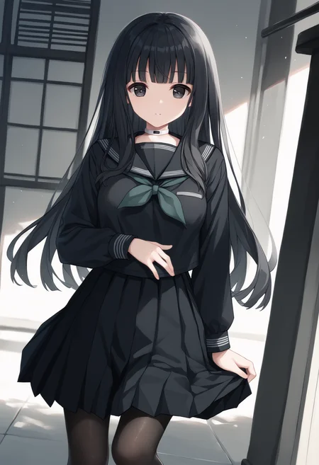 score_9, score_7_up, 1girl, Rinne, black hair, long hair, black eyes, black serafuku, green neckerchief, long sleeves, black skirt, black pantyhose, solo, looking at viewer, white choker, <lora:Rinne new 2:1>