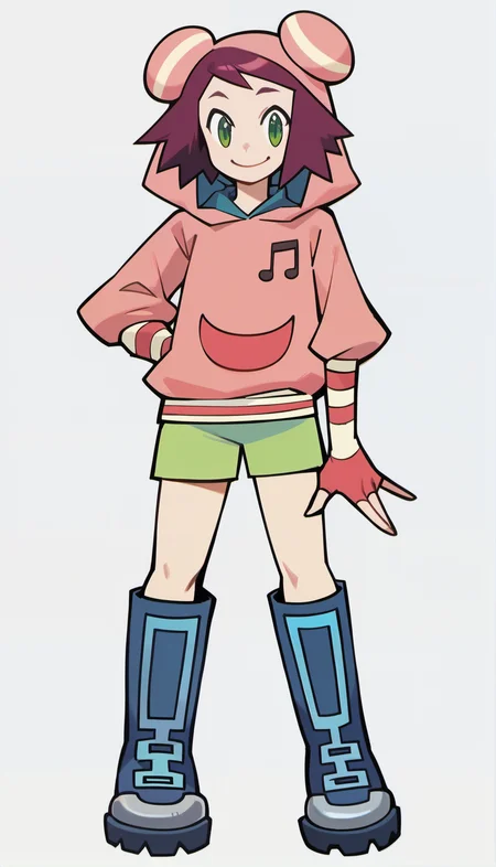 score_9,score_8_up,score_7_up,
<lora:soniastrumm:1>,
highres,
misorahibiki,1girl,solo,purple hair,short hair,bangs,green eyes,smile,bear ears hooded hat,pink sweatshirt,a musical note printed on the hoodie,long fingerless gloves,green shorts,blue knee boots,full body,standing,white background,