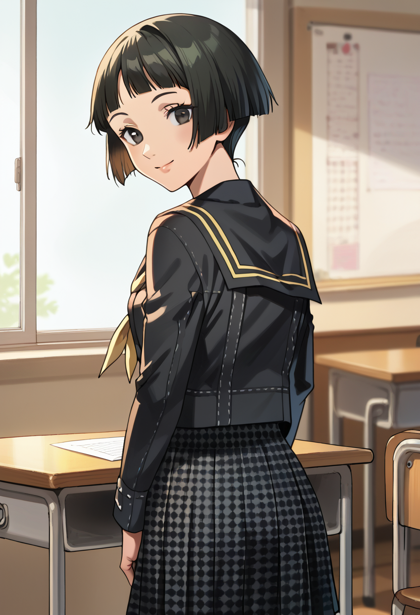 score_9, score_8_up, score_7_up, (source_anime), 1 girl, solo, cute face,
p4ayane, short hair, school uniform, serafuku, blunt bangs, yasogami school uniform, black hair, skirt, houndstooth
looking at you, smile, from behind, looking over shoulder,
classroom,
masterpiece, best quality, ultra detailed, absurdres, very aesthetic