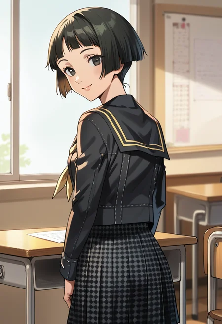 score_9, score_8_up, score_7_up, (source_anime), 1 girl, solo, cute face,
p4ayane, short hair, school uniform, serafuku, blunt bangs, yasogami school uniform, black hair, skirt, houndstooth
looking at you, smile, from behind, looking over shoulder,
classroom,
masterpiece, best quality, ultra detailed, absurdres, very aesthetic