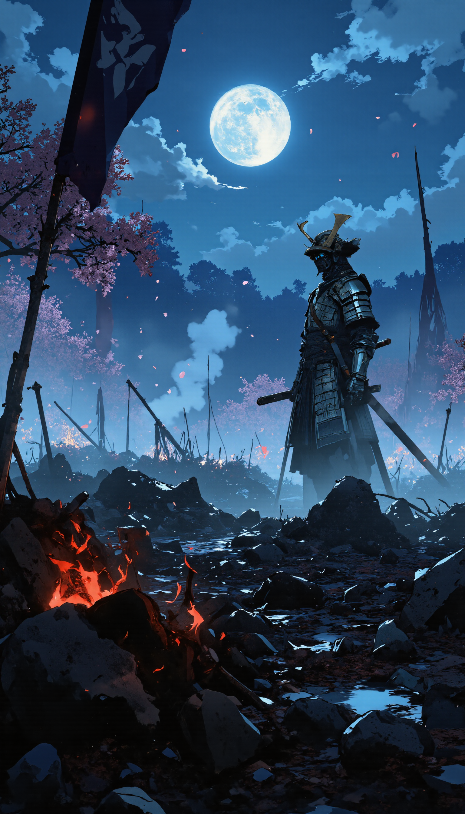 A lone samurai stands motionless in a vast, mist-covered battlefield, his ornate armor glistening under the pale glow of a full moon. Petals from a distant cherry tree drift through the night air, blending with the lingering embers of a long-forgotten war. Broken banners and rusted weapons litter the ground, illuminated by faint ethereal blue flames that dance like lost souls. The scene is both haunting and beautiful, with a rich color palette of deep blues, silver, and soft glowing reds. Cinematic lighting, atmospheric fog, hyper-detailed textures, high contrast, dreamlike fantasy realism, volumetric lighting, dramatic depth of field.