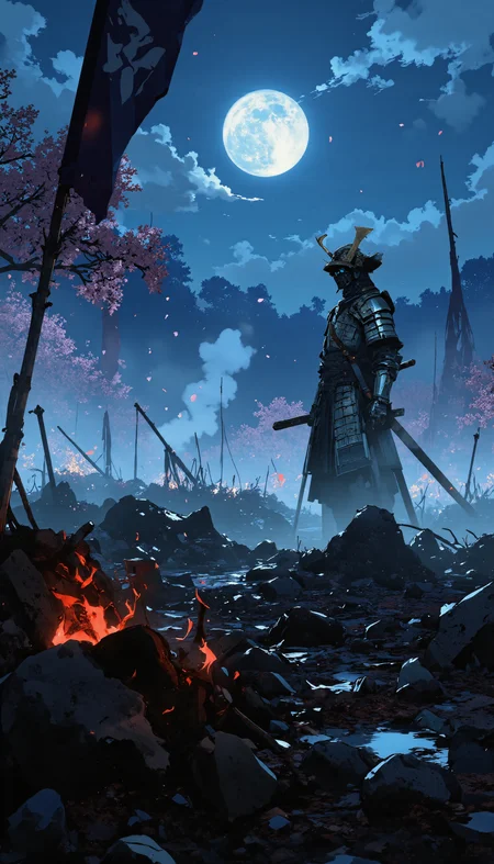 A lone samurai stands motionless in a vast, mist-covered battlefield, his ornate armor glistening under the pale glow of a full moon. Petals from a distant cherry tree drift through the night air, blending with the lingering embers of a long-forgotten war. Broken banners and rusted weapons litter the ground, illuminated by faint ethereal blue flames that dance like lost souls. The scene is both haunting and beautiful, with a rich color palette of deep blues, silver, and soft glowing reds. Cinematic lighting, atmospheric fog, hyper-detailed textures, high contrast, dreamlike fantasy realism, volumetric lighting, dramatic depth of field.