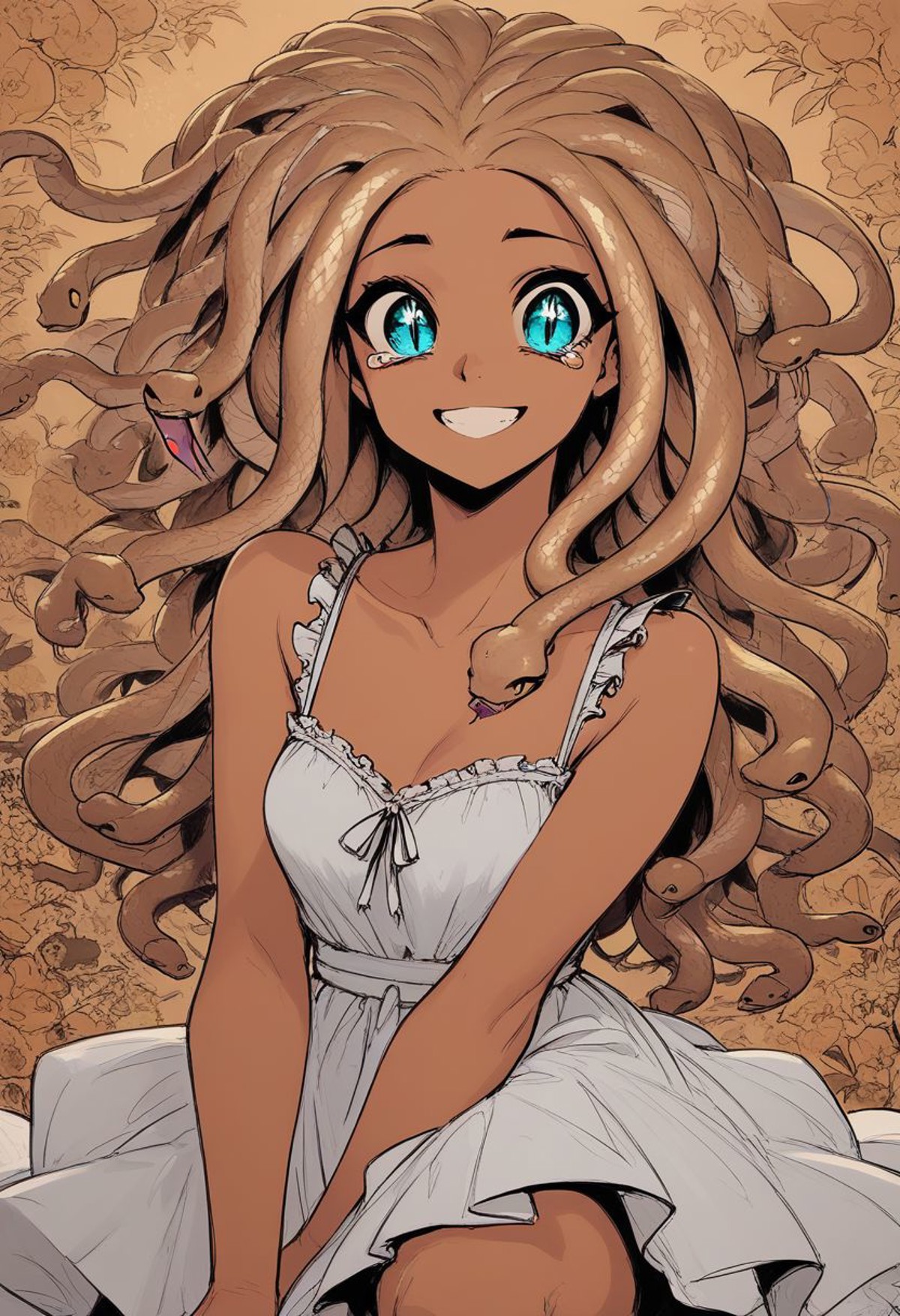 score_9, score_8_up, score_8, female, cel-shading, backlit, big eyes, cute eyes, delicate features, long hair, (dreadlocks), portrait, floral background, sundress, small breasts, medusa, ((((snake hair)))), happy cry, teary eyes, smile, teal, cyan, tan,