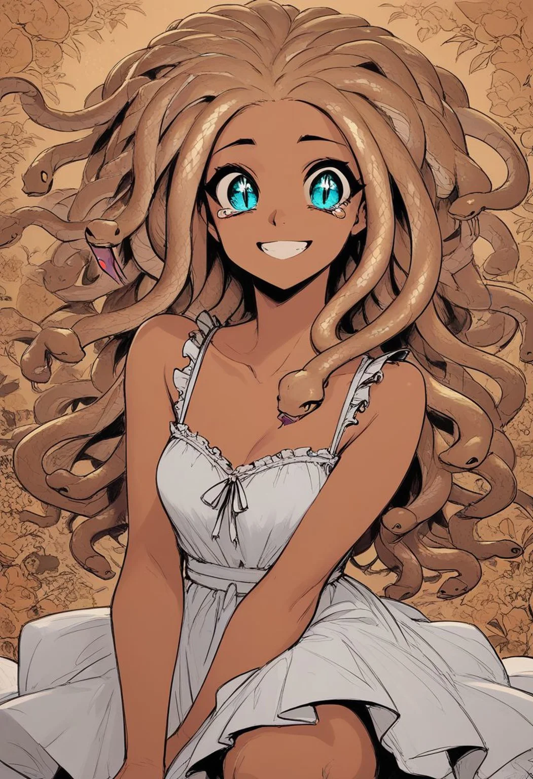 score_9, score_8_up, score_8, female, cel-shading, backlit, big eyes, cute eyes, delicate features, long hair, (dreadlocks), portrait, floral background, sundress, small breasts, medusa, ((((snake hair)))), happy cry, teary eyes, smile, teal, cyan, tan,