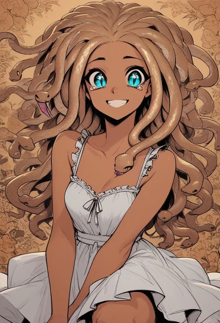 score_9, score_8_up, score_8, female, cel-shading, backlit, big eyes, cute eyes, delicate features, long hair, (dreadlocks), portrait, floral background, sundress, small breasts, medusa, ((((snake hair)))), happy cry, teary eyes, smile, teal, cyan, tan,