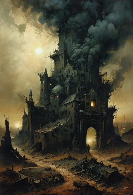 Cursed Ancient City. Forgotten, gloomy, terrible shadows in the city. Devastation, sadness, dirt, very creepy and gloomy. Style by Zdzislaw Beksinski, Ralph Blakelock, Ed Emshwiller, Marianne Wroten, Arthur Rackham, Niko Anttila, Jeremy Mann and Charles Dana Gibson, Mark Demsteder, Paula Hedley + conceptual art. Very beautiful, gouache, cinematic, dark, creepy, mysterious, modern vintage, rich deep colors, boho style. Loisha, Tumblr. Zdislav Beksinski Leonid Afremov Yoshitaka Amano Ohara Koson Ivan Rabuzin Gian Lorenzo Bernini Enoch Bolles Jean-Baptiste Monge Tetsuya Nomura, ultra-stunning lighting, billowing black smoke, super detail, stunning composition. hyperrealistic photography, --niji 5 --ar 2:3 --expressive style --v 5.
