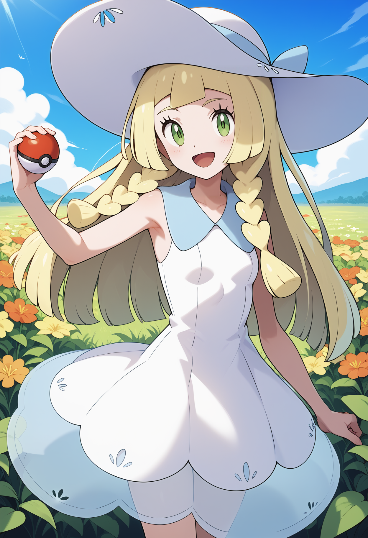 score_9, score_8_up, score_7_up, score_6_up, score_5_up, score_4_up, source_anime, aalillie, long hair, blonde hair, twin braids, sun hat, white headwear, green eyes, small breasts, collared dress, white dress, sleeveless, see-through, <lora:lillie_(pokemon)_ponyxl_v1:0.9>, standing, cowboy shot, outdoors, flower field, holding poke ball, smile, open mouth,