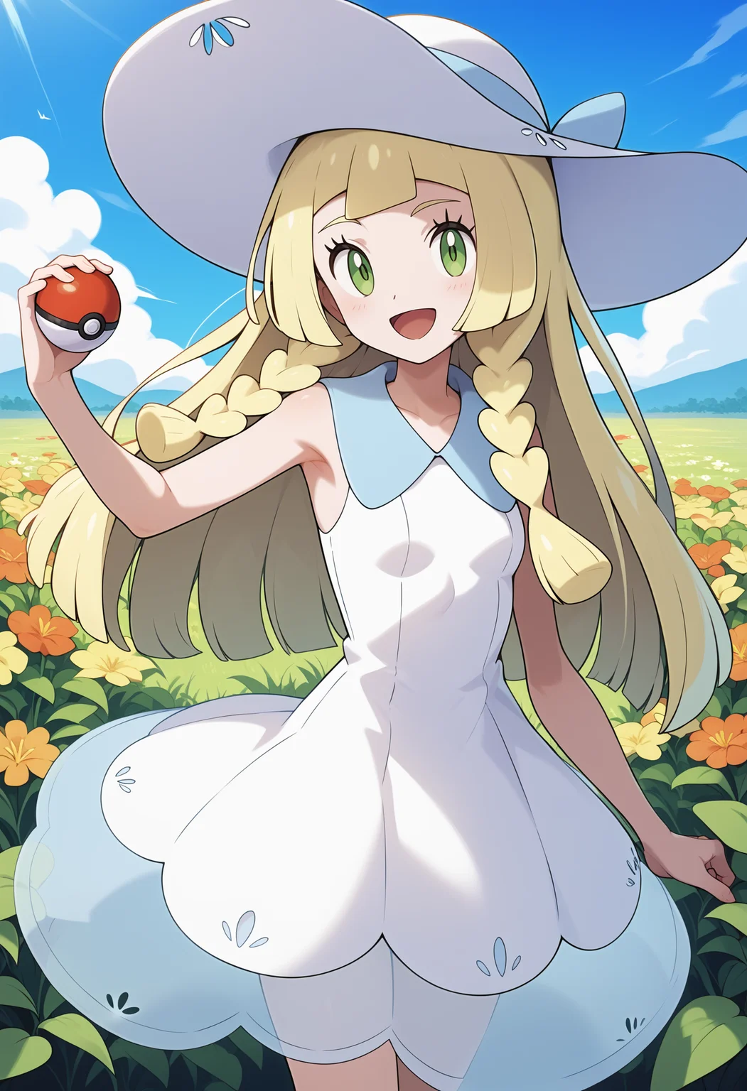 score_9, score_8_up, score_7_up, score_6_up, score_5_up, score_4_up, source_anime, aalillie, long hair, blonde hair, twin braids, sun hat, white headwear, green eyes, small breasts, collared dress, white dress, sleeveless, see-through, <lora:lillie_(pokemon)_ponyxl_v1:0.9>, standing, cowboy shot, outdoors, flower field, holding poke ball, smile, open mouth,