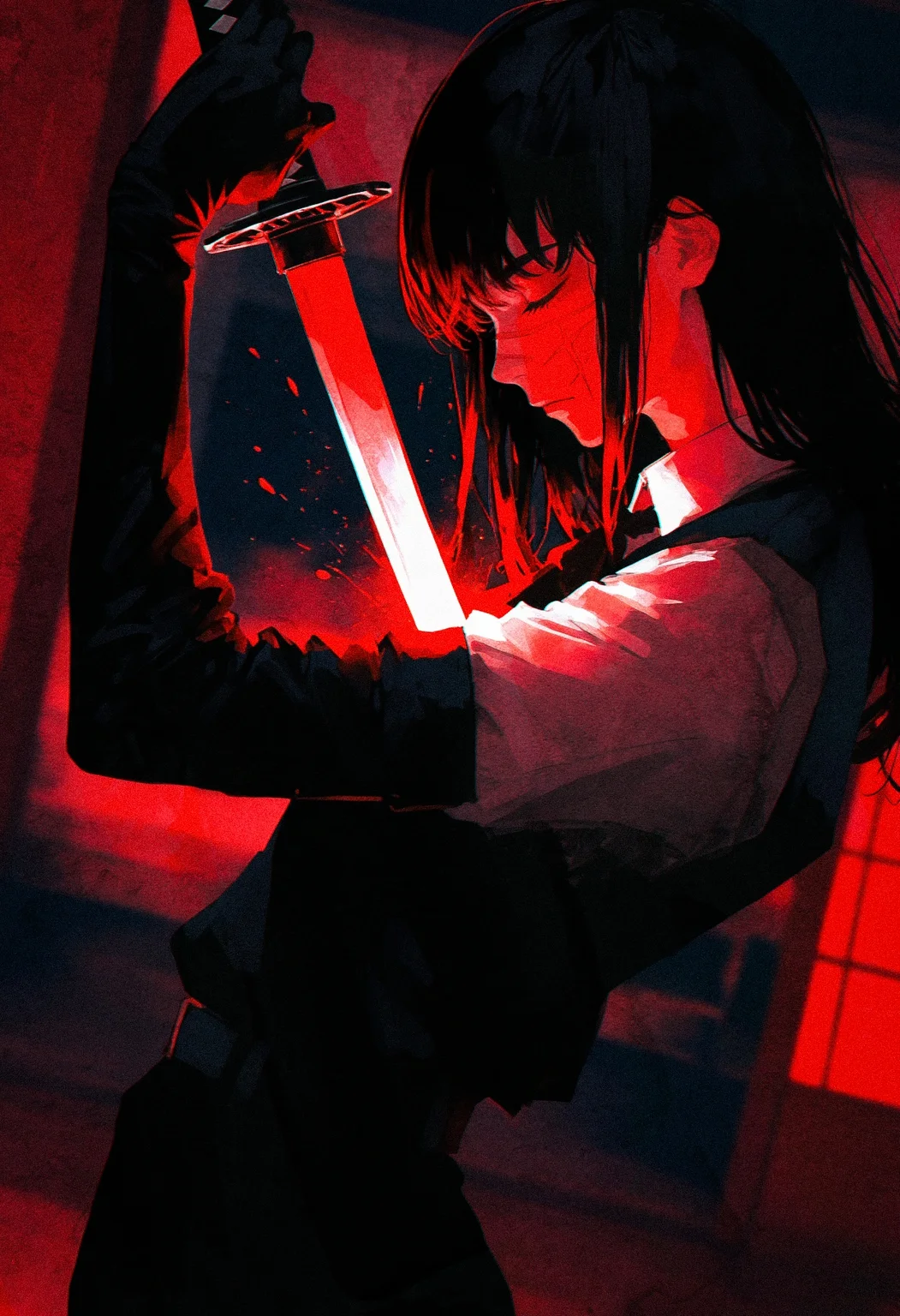 (by maegami /(daisuki oekaki1/):1.3), (by 96yottea:1.1), painterly, (by misawa hiroshi:0.8), film grain, , (limited palette:1.2), realistic,
masterpiece, best quality, amazing quality, very aesthetic,
(glowing theme:1.2), floating embers, underlighting, pulling sword, dutch angle, perspective, depth of field, blurry background, blurry foreground, blurry edges,
yoru \(chainsaw man\), 1girl, solo, black gloves, black hair,elbow gloves, facial scar, closed eyes, human scabbard, katana, indoors, night, closed mouth, expressionless, relaxed, (from side:1.3), scar on cheek, scar on nose,
dark background, glowing red particles, red-blue theme,
<lora:nhl-001-20:0.9> nhl-001