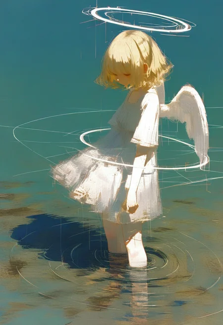 1girl, solo, halo, short sleeves, water, ripples, short hair, dress, standing, wading, blonde hair, white dress, shirt, reflection <lora:748cmXL_NBVP1_lokr_V6311P:0.95>