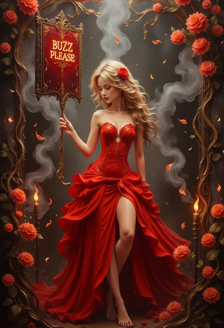 bailing_fire, neo cyber Gothic style, woman in a scarlet dress is surrounded by flowers and candles. Fractal etchings wind around her frame as wisps of ethereal smoke cling. With a primary palette of deep crimsons and gothic hues, accented by dazzling glints of gold and orange. The background awash in obsidian drippings reminiscent of Jackson Pollock's drip painting technique, ornate patterns emerging like those of Alphonse Mucha. A haunting, moody atmosphere akin to Jeremy Mann's dark imaginings enveloping the scene. She holds a dark red sign with burning letters with text:"BUZZ PLEASE!", F4sh10n, aidmatextimprover