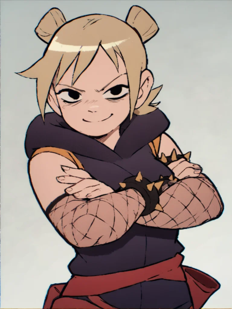 <lora:RoxieSP1.0:0.9> roxiesp, 1girl, solo,smile, short hair, blonde hair, looking at viewer, ninja, spiked bracelet, black eyes, fishnets,double bun,looking at viewer, grey background,crossed arms, score_9, score_8_up, score_7_up, score_6_up standing, cowboy shot,