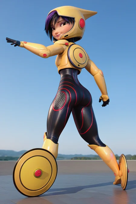 score_9,score_8_up,score_7_up, BREAK gogo tomago, 1girl, solo, yellow helmet, yellow power suit, ass, black hair, short hair, black bodysuit, brown eyes, yellow boots, full body, looking at viewer, lips, purple hair, skin tight, 3d, thighs, smile, disc on hand, disc on foot, looking back, black gloves, official style <lora:TomagoPony:1>