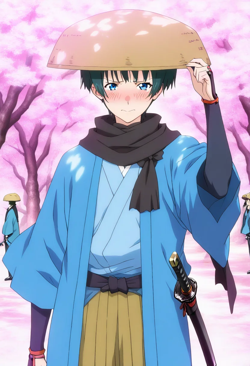 masterpiece, best quality, absurdres, detailed skin, anime colored, anime screencap,
<lora:SaitoE:1> , SaitoE, blush, embarrassed, looking at viewer, averting eyes,
facing viewer, adjusting headwear,
<lora:kasa:1>, ((kasa)), hat,
black scarf, blue haori, katana at waist,
cherry blossoms,