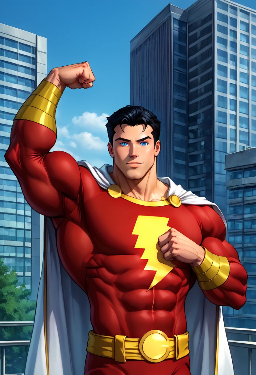High Quality,  Shazam,  solo, 1man, flexing arms, black hair, blue eyes, red suite, white cape, red hero suite, muscle body, posing on the roof of a building,