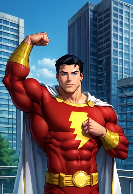 High Quality,  Shazam,  solo, 1man, flexing arms, black hair, blue eyes, red suite, white cape, red hero suite, muscle body, posing on the roof of a building,