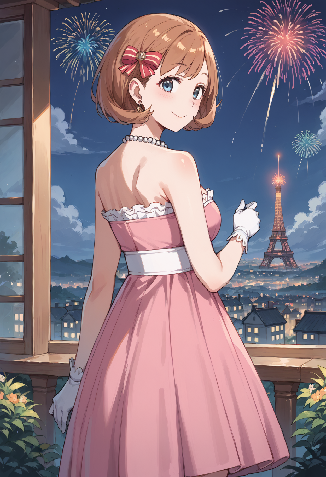 score_9, score_8_up, score_7_up, , score_ANIME, 1girl,,  <lora:millie_myers_pony5:1>milliemyers,pink dress, short hair, hair bow,  white gloves, bare shoulders, brown hair, , , strapless dress, collarbone,  smile,grey eyes, cowboy shot, medium breasts, cowboy shot,  knee, outdoors,  window,  night, night sky,  looking back, from behind,   fireworks,  pearl necklace,  earrings,  solo, cityscape,