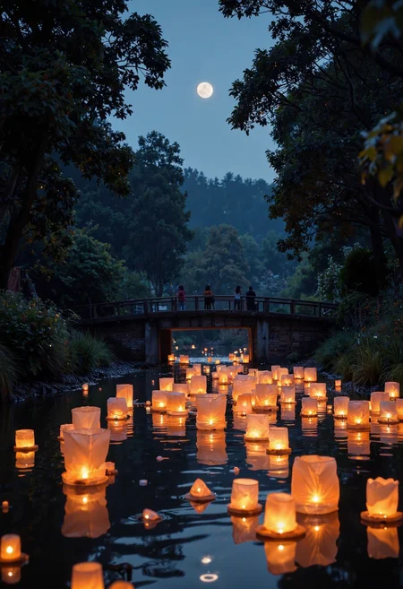 In a quiet, moonlit river in a small rural village, hundreds of floating lanterns drift peacefully across the water, their warm orange glow casting reflections that dance like fireflies. The silhouettes of trees line the riverbanks, and a single bridge crosses in the background, where villagers can be seen releasing more lanterns, each one a wish or memory sent into the night. Taken with a Hasselblad camera in cinematic lighting, this photograph captures the soft, spiritual beauty of a tradition in perfect harmony with the stillness of the night.<lora:Flux.1_Turbo_Detailer.safetensors:0.7000000000000001:0.7000000000000001>
