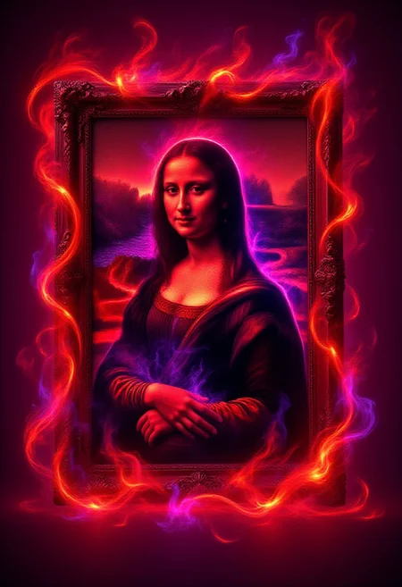 The framed Mona Lisa painting completely engulfed in flames, inferno, blazing, concept art, masterpiece, perfect lighting, purple flames, 4k, absurdres,