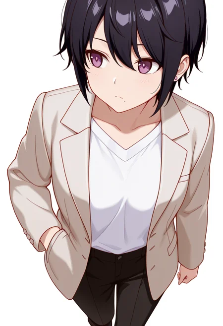 masterpiece,high quality details, absurdres, 
walking, one hand in pocket, looking aside, casual, confident,  ,
<lora:kuro:0.8> kuro_cnr, 1girl,black hair, short hair, purple eyes, mole under mouth, formal, suit, jacket, white shirt,pants, earrings,, :c,, simple background, white background, front view,solo,