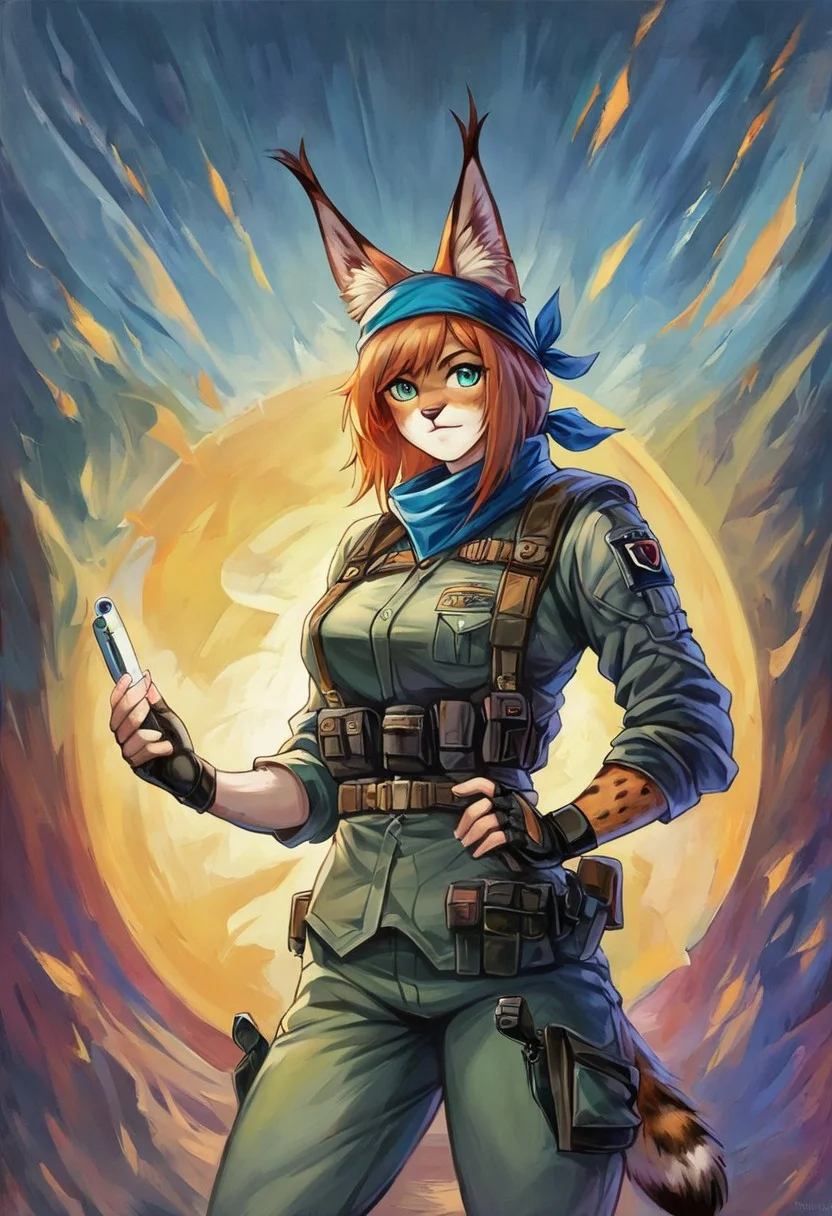 Score 9, Score_8_up, Score_7_up, ng_deepnegative_v1_75t, negative_hand, charturnerv2, knee-deep portrait of adult female, banners, starship, high technology, shirt, fingerless gloves, soldier uniform,, , anime, Arknight provens, detailed background, cyberpunk, bandana,, furry, lynx species, lynx tail, lynx ears, muscle,