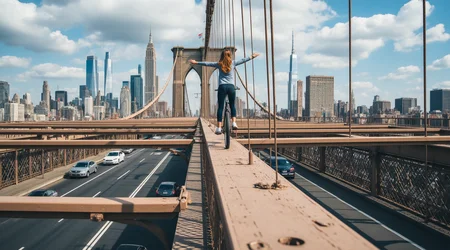 A photo from the sidewalk on the Broklyn Bridge in New York at the railing with a view of Brooklyn. Under the railing you can see the busy 2 lane road. A girl on a unicycle without hadlebar rides on the railing towards the camera. She has stretched both arms out to the side to keep her balance., A captivating professional photograph showcases an impressive and daring feat on one of New York City's most iconic landmarks: The Brooklyn Bridge. In this dynamic image, a girl is skillfully riding towards the camera on a unicycle balanced precariously along the railing of the bridge. The unique feature of her chosen vehicle is that it has no handlebar, adding an extra layer of difficulty to her impressive stunt. Her feet are expertly positioned on the pedals as she maintains perfect balance while riding high above the bustling city below. This photograph captures a moment of pure adrenaline and determination as the girl masters this daring trick against the stunning backdrop of the Brooklyn Bridge, creating an image that is both breathtaking in its technical execution and thrilling in its subject matter.