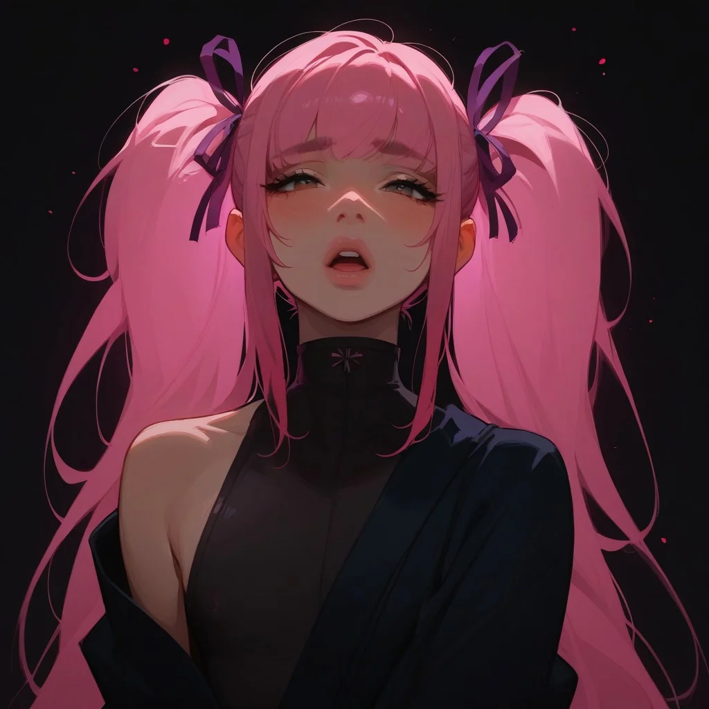 Expressiveh, score_9, score_8_up, score_7_up, score_6_up, score_5_up, score_4_up,
best quality, highly detailed, ultra high quality, masterpiece, high res, godrays,
Shy, blushing, aroused,
1femboy, voluptuous body, dark eyes, small nose, pink hair ponytails with dark purple ribbons,, petite body,
wearing dark purple kimono with one shoulder off with one nipple out, , open kimono,
(dark blank background:1.2), rim lighting, open mouth, posing,