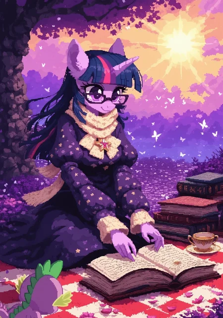 <lora:d3p1x3lXLP:1> d3p1x3l, pixel art, score_9, score_8_up, score_7_up, source_pixel, screencap, solo
BREAK
1girl, twilight sparkle, anthro, unicorn, (long dark purple mane with pink and violet stripe:1.3), fluffy tail, (soft purple eyes:1.3), glasses, (calm smile, peaceful expression:1.3), reading, levitating book, magical glow around horn
BREAK
sitting pose, cross-legged, on picnic blanket, (spring dress with star pattern:1.2), soft sleeves, light scarf, gold brooch, book stack nearby, teacup, quill and paper floating, Spike sleeping next to her
BREAK
under sakura tree, spring nature, blooming flowers, butterflies, falling petals, sparkles in the air, birds in background, magical sparkles, enchanted garden, (soft sun rays:1.3), petals in wind
BREAK
warm spring lighting, detailed background, tranquil mood, soft shadows, cinematic light bloom, dreamy color palette, serene atmosphere, magical spring moment, zPDXL3
