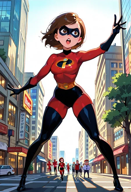 masterpiece, best quality, helen parr, superhero costume, city