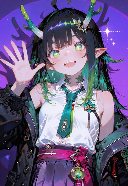 looking at viewer,bust shot,face focus

Big smile,waving hands

1 girl,petite,loose unruly messy hair,messy bangs,black hair, (vibrant green accents hair:1.1),fair skin,dragon horns,green eyes,(sparkling eyes:1.1),freckles,ahoge,pointy ear

Large Black coat with green accent,coat hanging sleeves,white sleeveless buttoned shirt tucked in,green tie, exposed shoulder,dark purple skirt,

Color background, bright purple background,(shadow:1.2), front lighting,glimmer, [scales design], sparkling,(anagylph refraction:1.5),(front spotlight:1.2),(purple hue:0.8),(colors green glow:1.4)

Cunnystyle,748cmstyle,Smooth_Quality,masterpiece,best quality,amazing quality, aesthetic,(vibrant colors:1.6),(bold lines:1.3),(saturated:1.5)