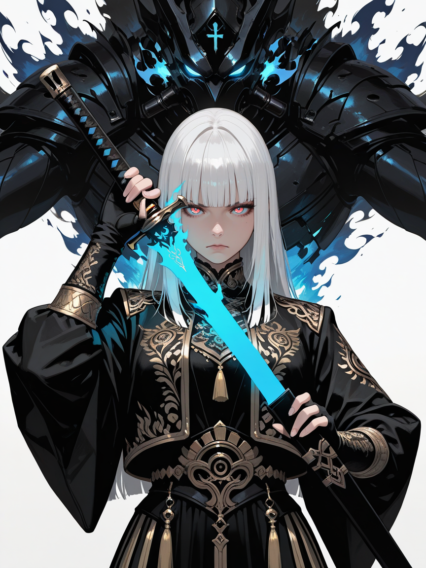 masterpiece, best_quality, amazing quality, newest, add detail+,
semi-real, 2.8d.
1girl, serious expression, frown.
white hair, blunt bangs, hime cut.
wearing gold embroidered clothes, fingerless gloves, jacket.
holding, holding sword, holding 1weapon, sheath,  glowing, blue flaming sword, sword in front of face, (unsheathing), tassel, guardian, assemble pose, straight-on,
fire, blue flame.
simple white background, glowing blue sparks,
black and gold theme.
(shoot from side), no lineart,
dynamic composition, dynamic angle.
<lora:Add-cfg_scale_boost:0.>
<lora:add-detail-xl:0.>
detailxl 
<lora:Sinozick_style:0.5> Sinozick_illu, gradient, spot color